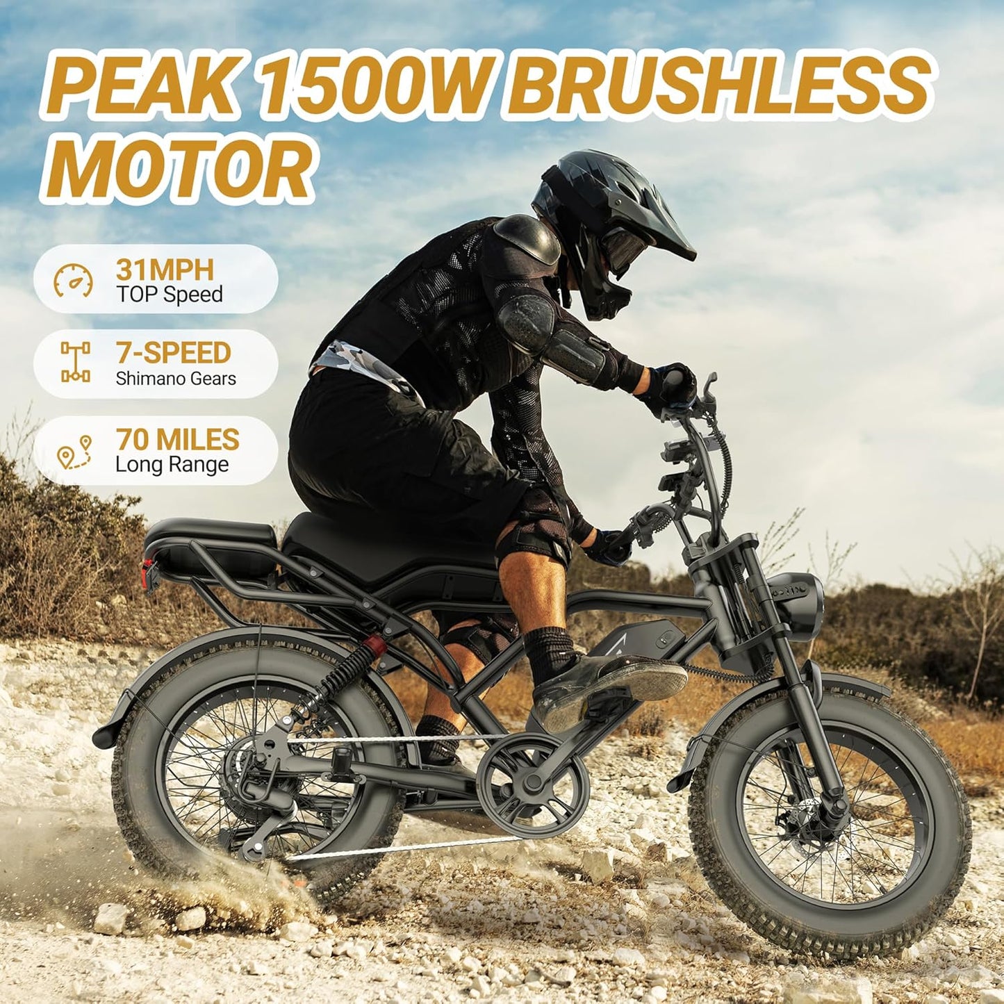 Electric Bicycle with Removable 48V Battery, Dual Suspension, 7-Speed Gears, 20-Inch Wheels, Rear Seat